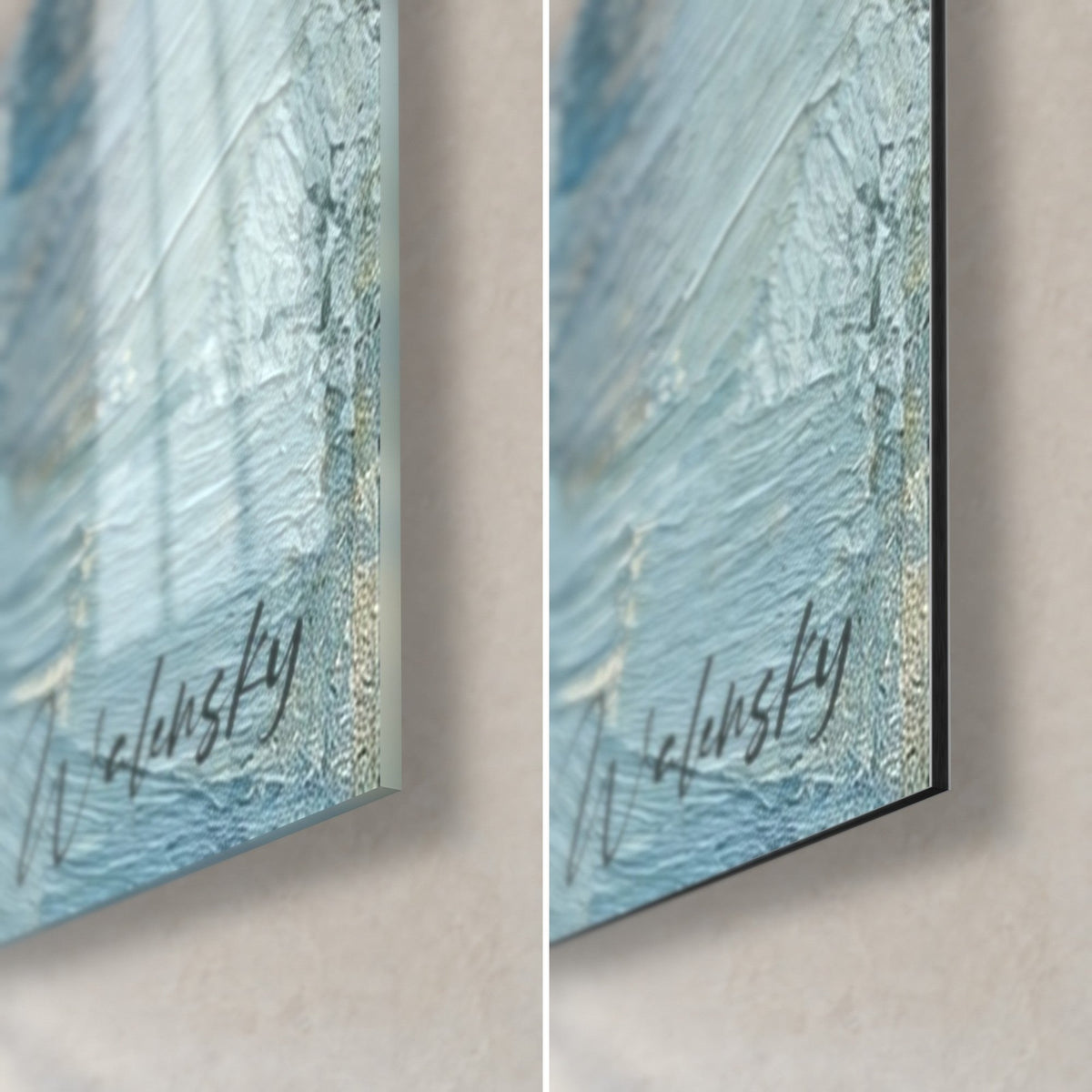 Schilderij Middellandse Zeehaven in hemelsblauwe en crèmekleurige dikke verfstreken, rechtsonder, glanzend acrylglas links, mat Dibond rechts