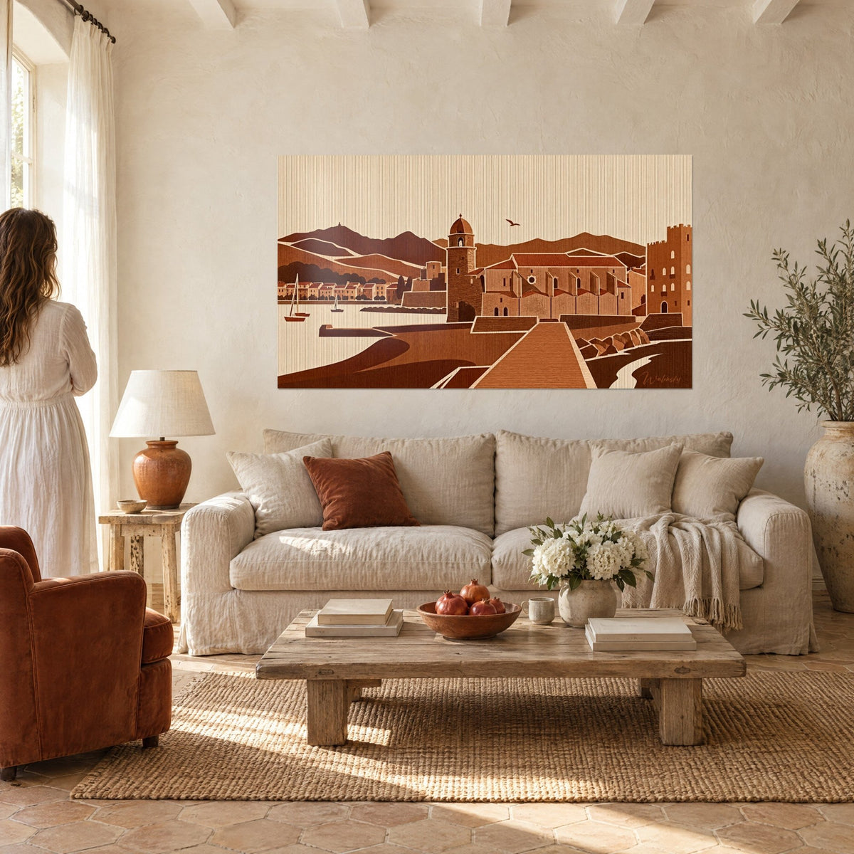 Wall art Collioure domed bell tower and fortified church, terracotta and sand monochrome, above a sofa in a bright living room