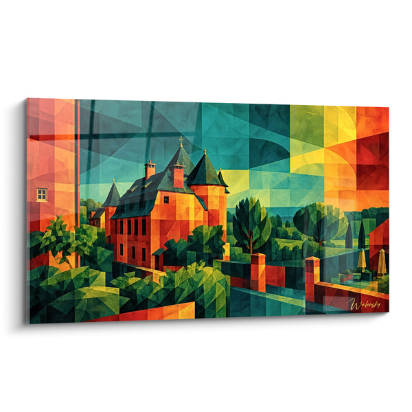 Tableau Château médiéval aux tourelles rouge et vert - Éveil géométrique - Edition Collonges-la-Rouge Nouvelle-Aquitaine France