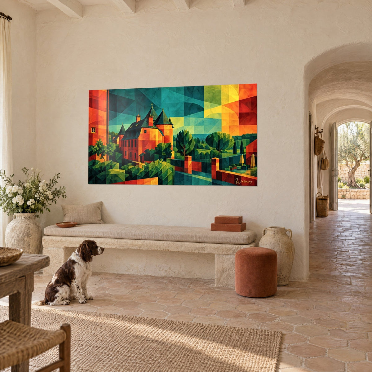 Schilderij rood stenen landhuis met donkere lei op het dak, turquoise en citroengele lucht, een zittende spaniël op de grond, Provençaals boerderijtje