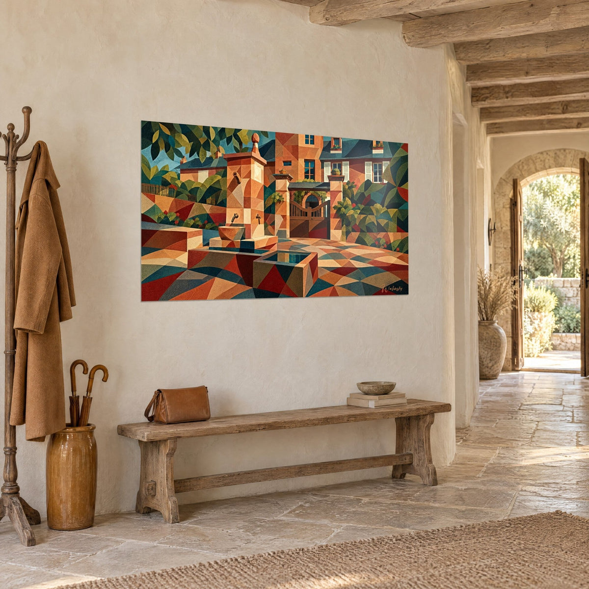 Wall art village with geometric terracotta and fir-green walls, fountain and wooden gate, three-quarter view, stone corridor