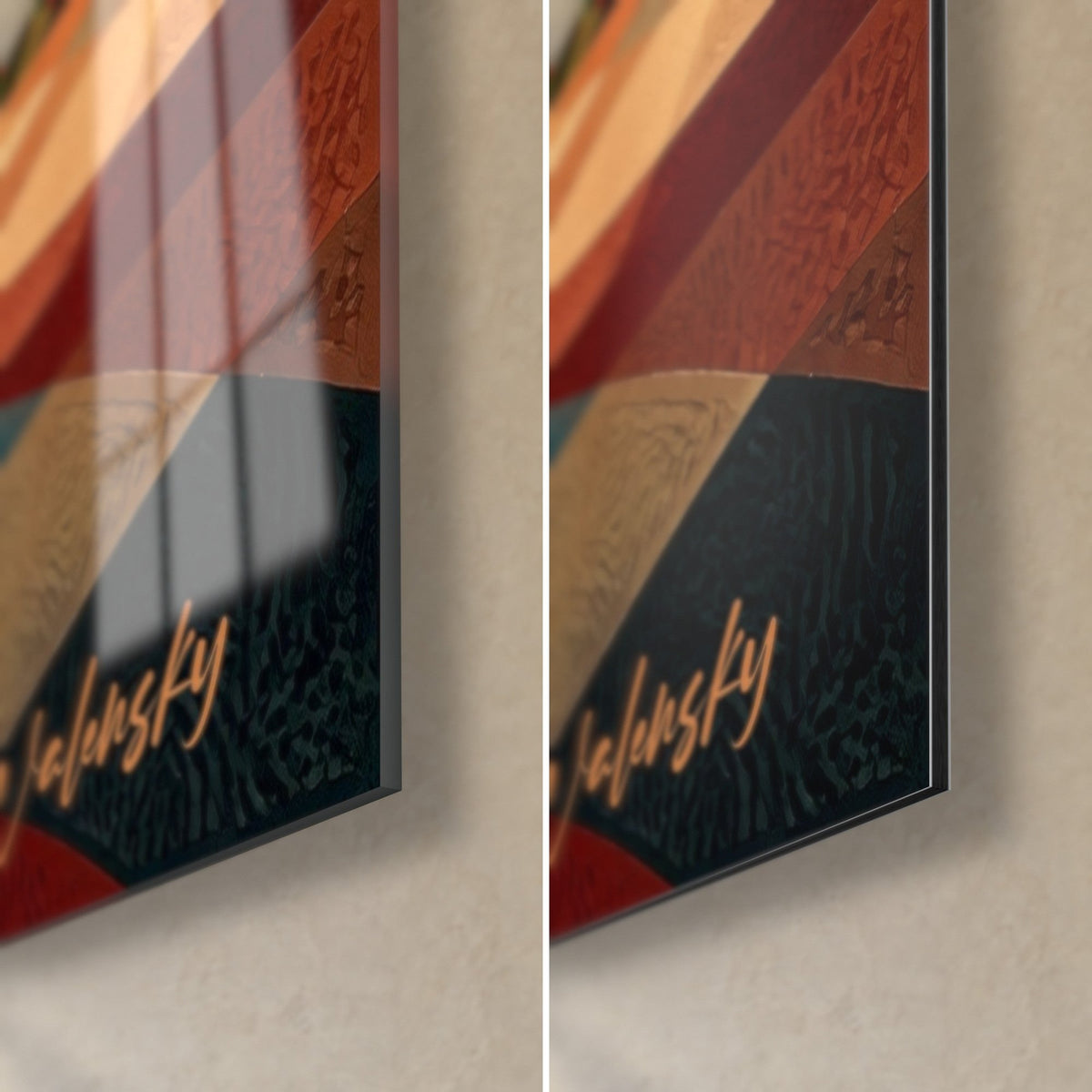 Wall art ochre fountain in facets, bottom right corner: glossy acrylic glass with reflections on the left, matte black and orange Dibond on the right