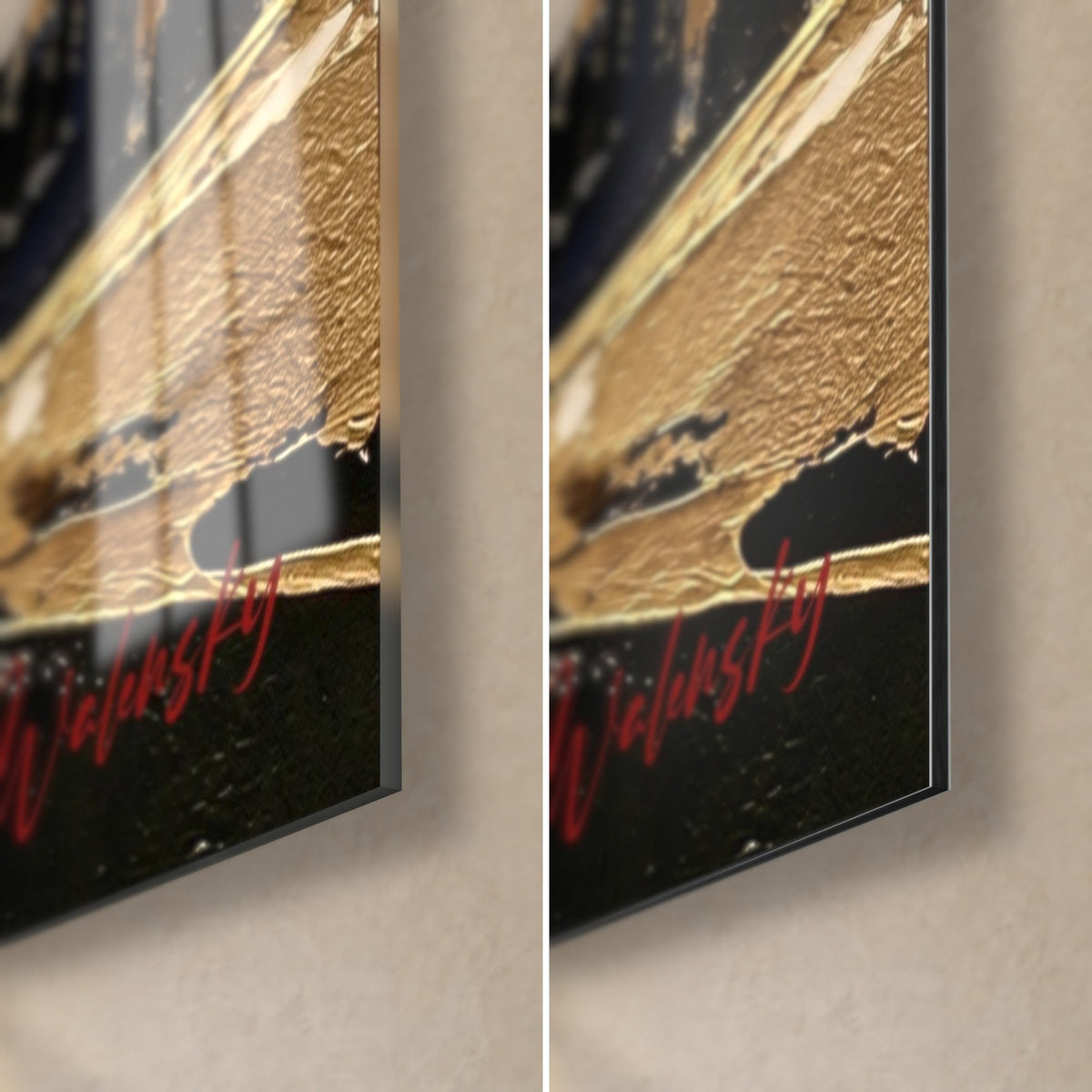 Schilderij nachtelijke straat in Colmar, rechter onderhoek: glanzend acrylglas links, mat Dibond-aluminium rechts, gouden lijn op zwart, rand van 3 mm