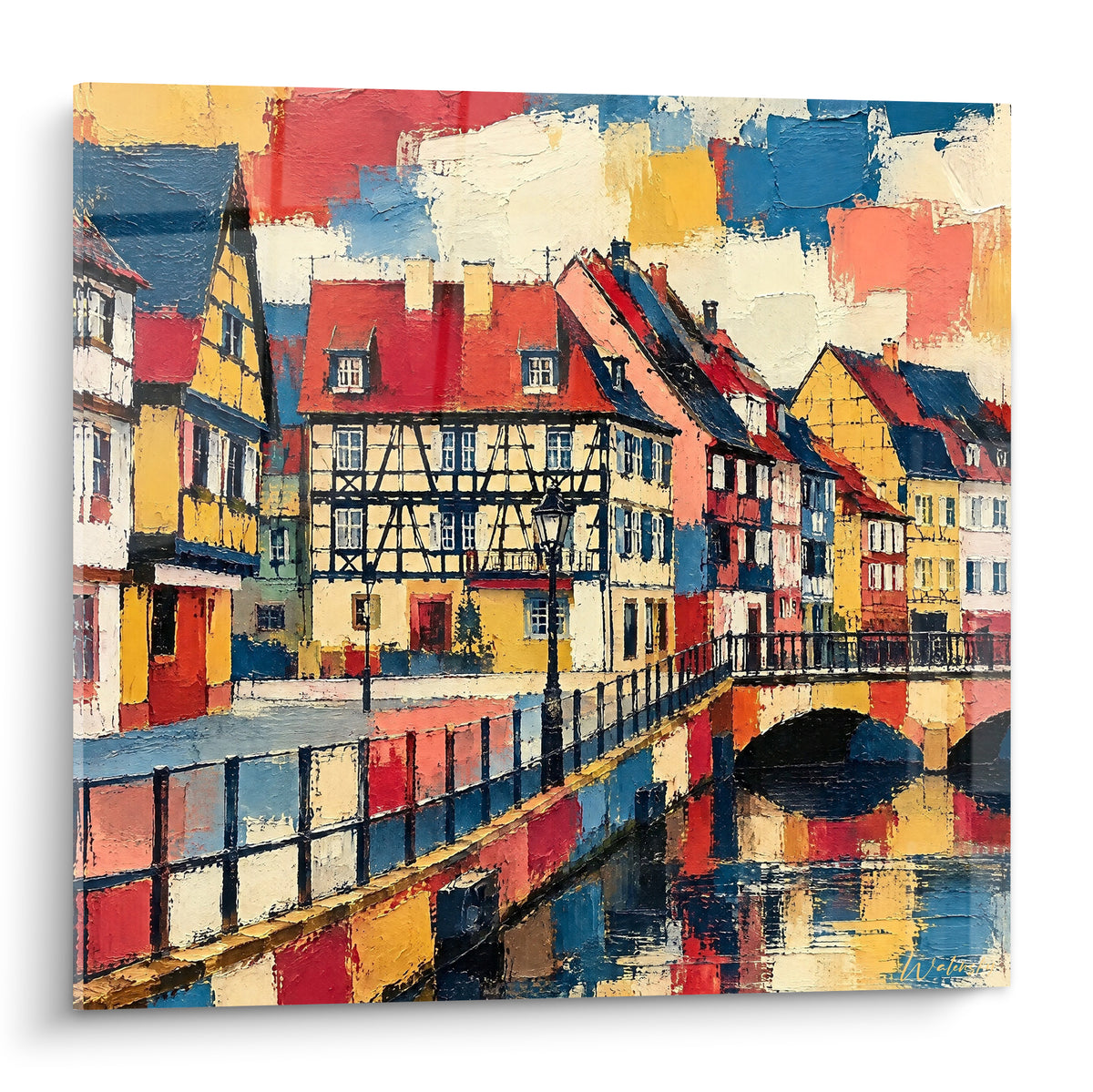 Façades jaune et rouge à colombages longeant un canal bleu marine, pont de pierre au premier plan