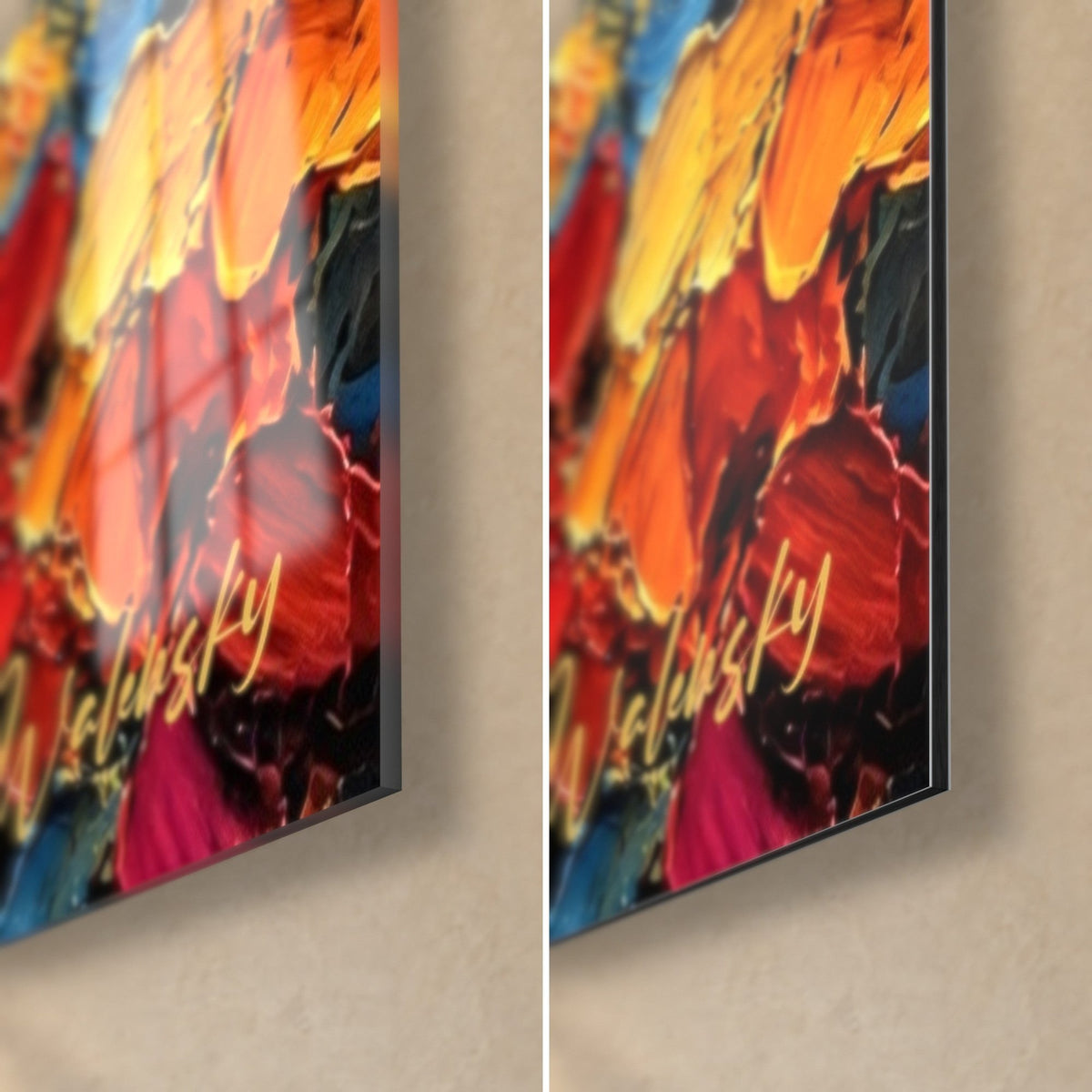Gemälde Colmar illuminiert, leuchtend rote und orangefarbene Blütenblätter in Relief, Walensky-Signatur, glänzendes Glas links, mattes Dibond rechts
