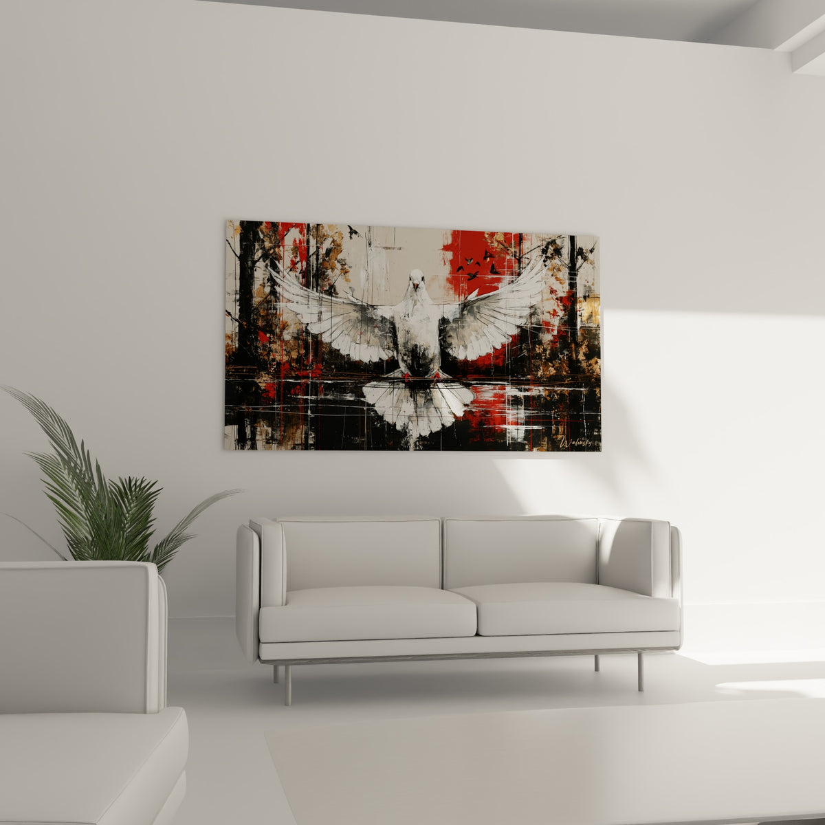 Oiseau blanc aux ailes ouvertes sur fond noir et rouge au-dessus d'un canapé dans un salon lumineux