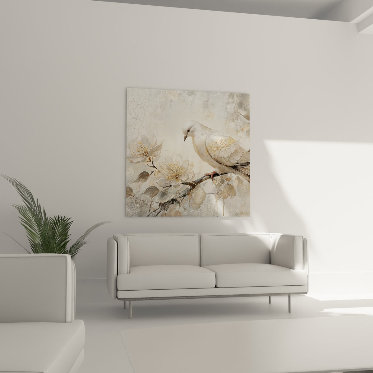 Plumage blanc et beige d'une colombe près de fleurs de magnolia, au-dessus d'un canapé dans un salon lumineux