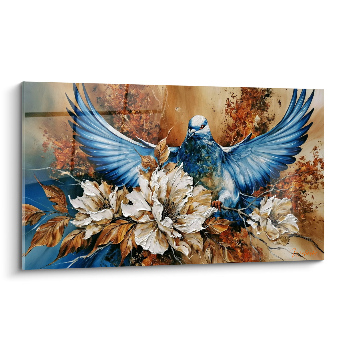Colombe bleue et blanche ailes déployées sur fond ocre orné de fleurs blanches