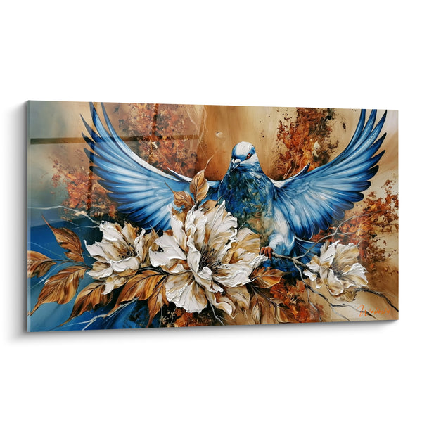 Tableau Colombe bleue ailes déployées parmi les fleurs blanches - Envol doré - Edition Colombe