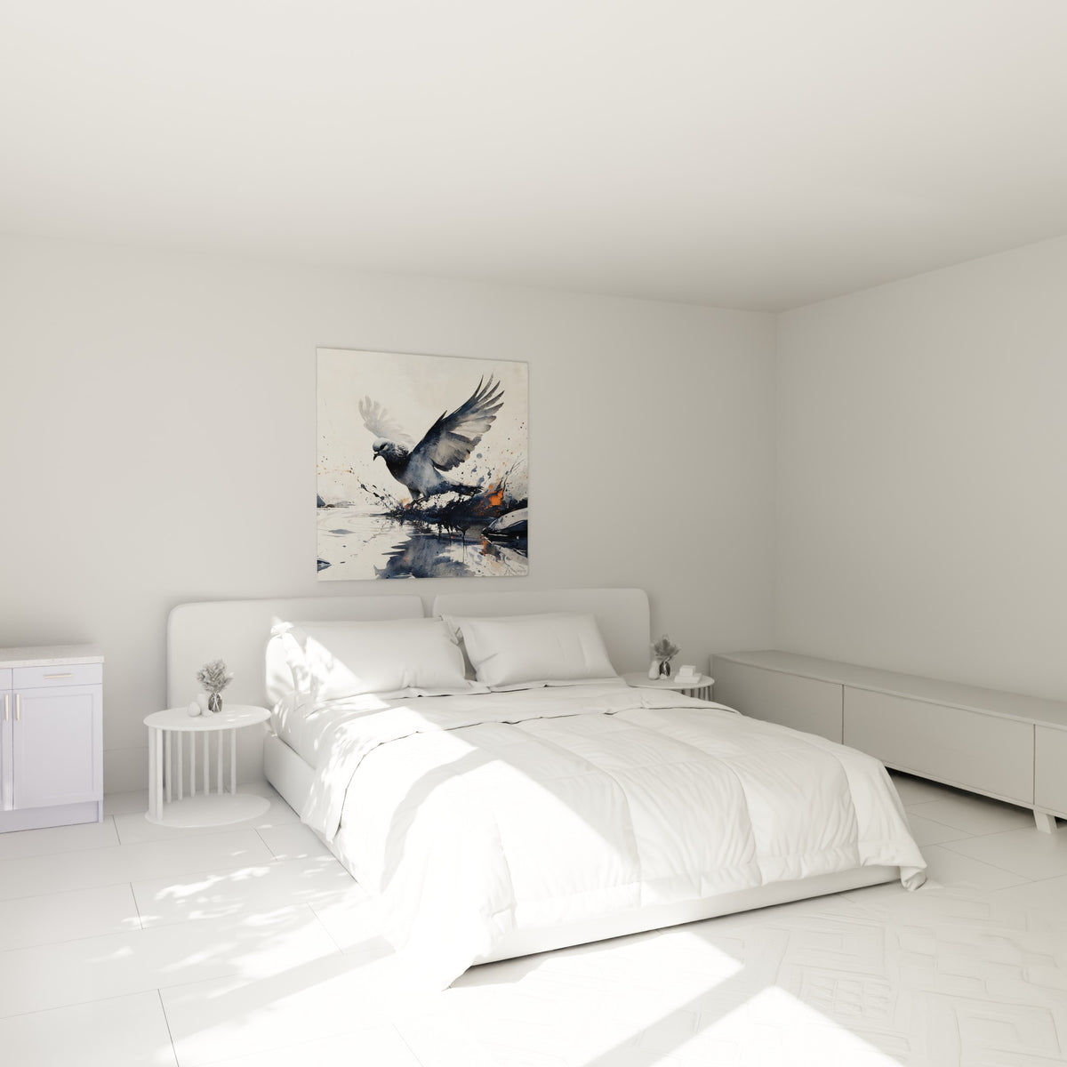 Envol de colombe anthracite et orangé accroché au-dessus d'un lit dans une chambre claire