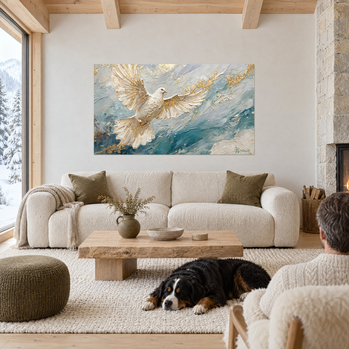 Gemälde weiße Taube mit goldenen Flügeln auf entenblauem Grund, in einem Chaletsalon, schwarzer Hund liegend, über einem Sofa in einem hellen Wohnraum
