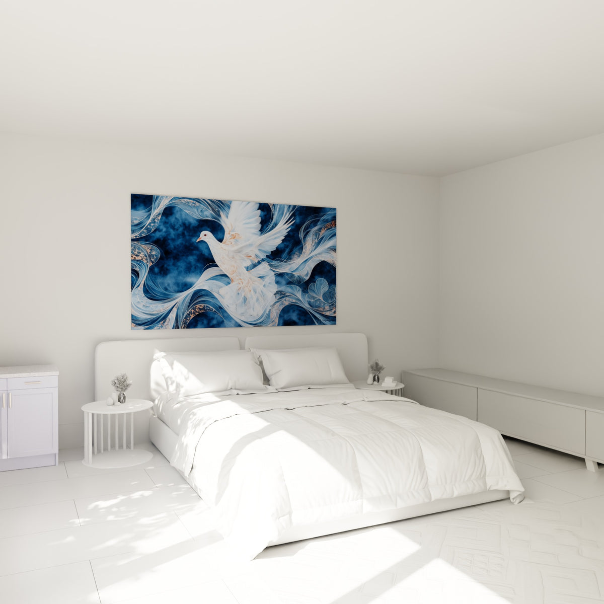 Envol de colombe blanche et cuivrée peint au-dessus d'un lit dans une chambre claire.