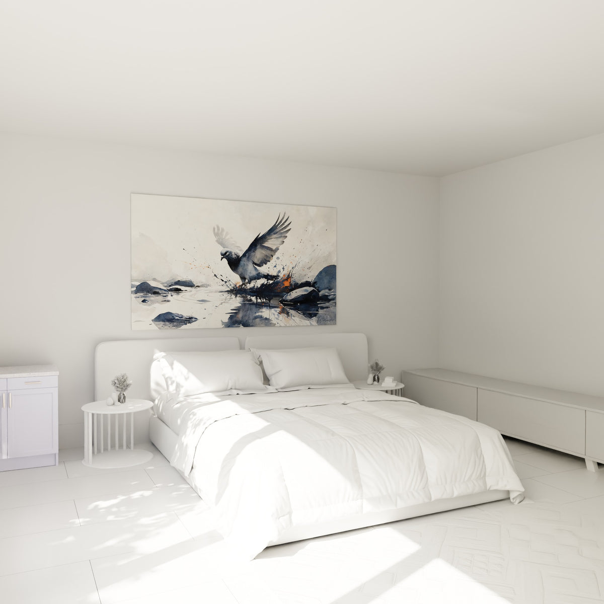 Envol de colombe grise et ocre au-dessus d'un lit dans une chambre claire