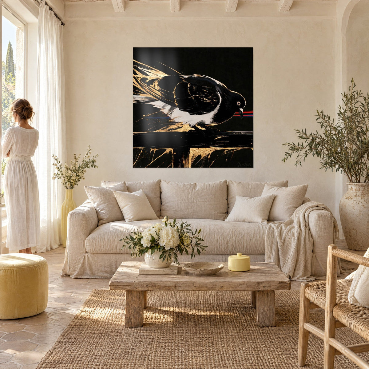 Tableau pigeon d'encre noire aux plumes d'or et ventre blanc, accroché devant deux personnes de dos, au-dessus d'un canapé dans un salon lumineux