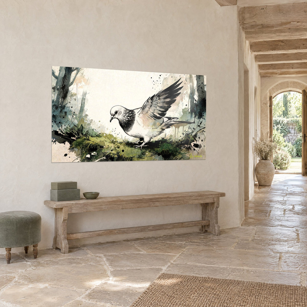Wall art bird with a black collar in mid-flight over an olive moss rug, ink splashes, stone corridor