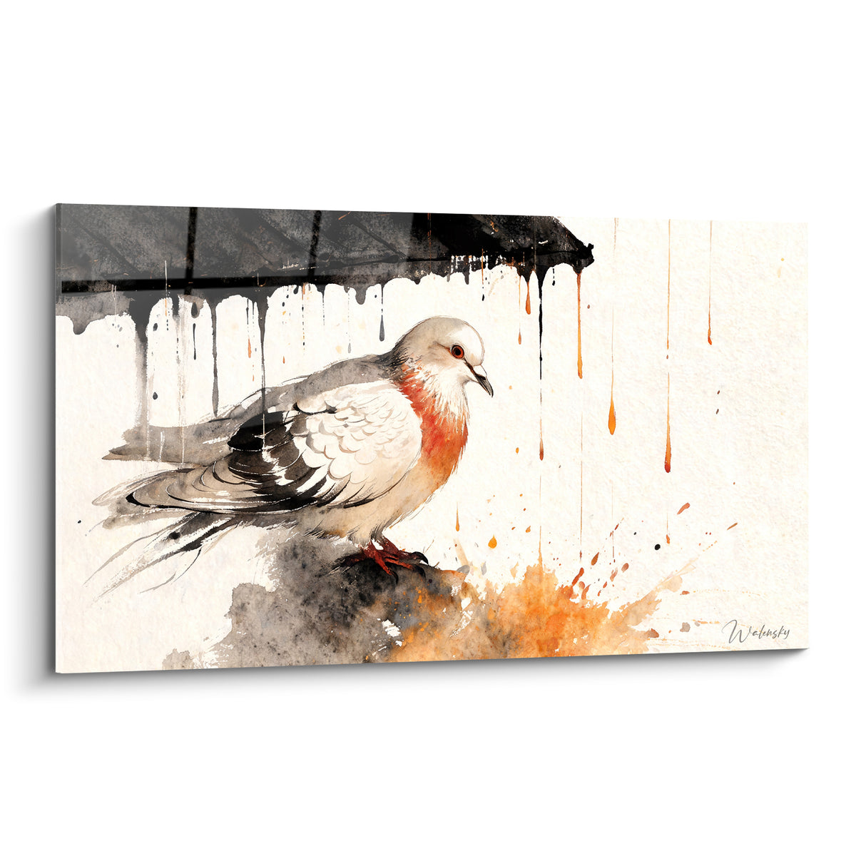 Colombe grise et blanche au poitrail orangé, coulures d'encre anthracite et terracotta sur fond ivoire