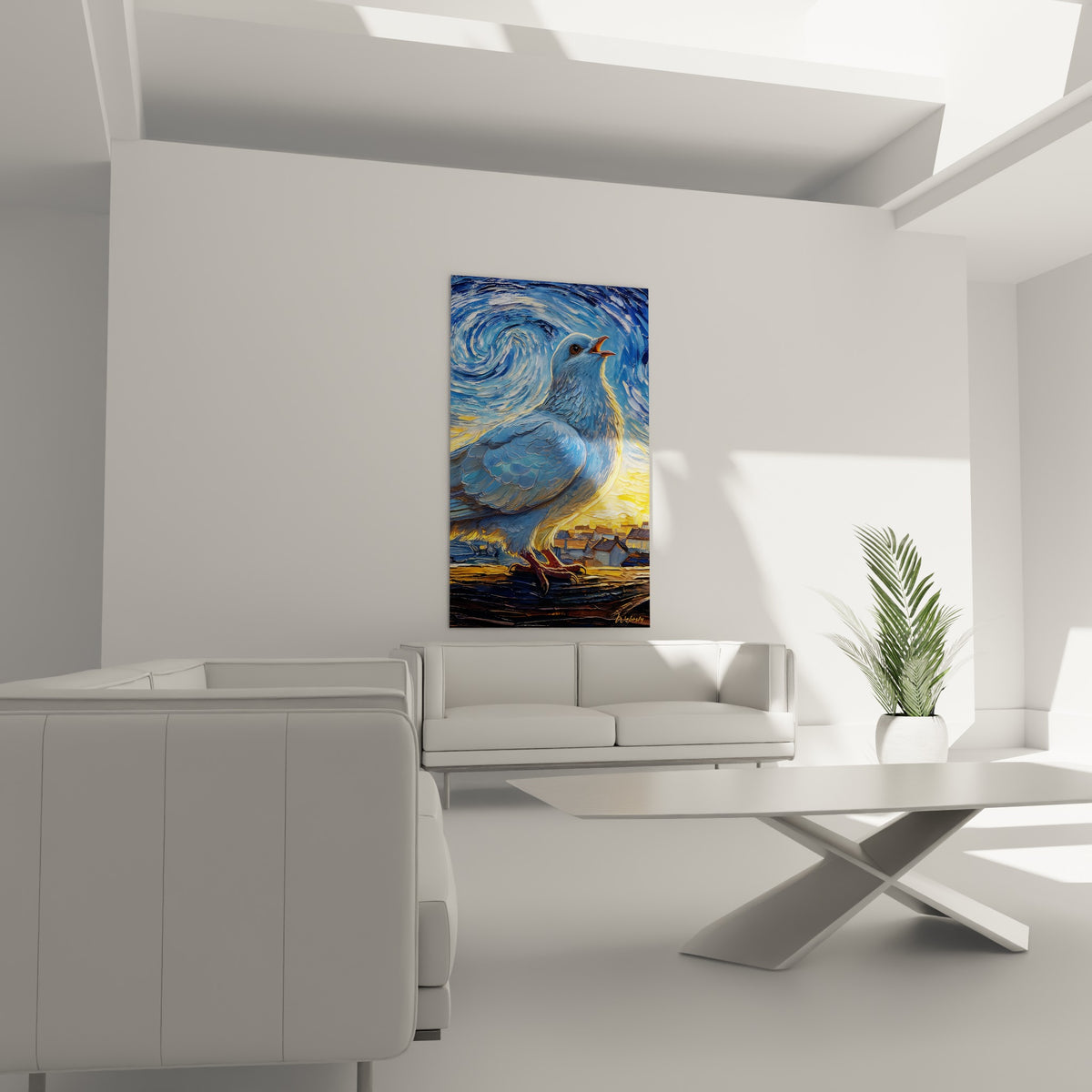 Volatile aux tons bleu marine et jaune ocre au-dessus d'un canapé dans un salon lumineux