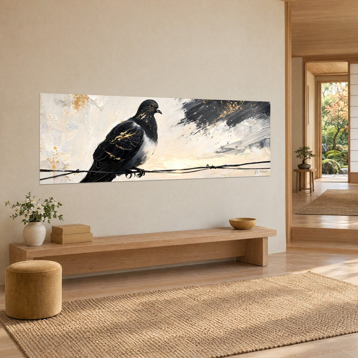 Wall art ebony pigeon with a white breast perched on iron wire, ivory and gold background, in a light wood japandi home
