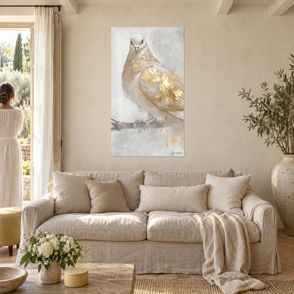 Wall art grey dove with golden plumage perched on its branch, fixed gaze, two people seen from behind, above a sofa in a bright living room