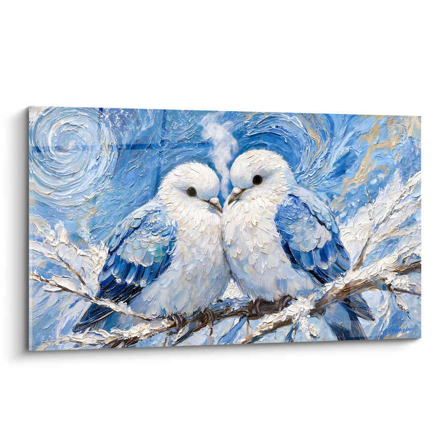 Tableau Colombes blanches sur branche enneigée - Tendresse hivernale - Edition Colombe