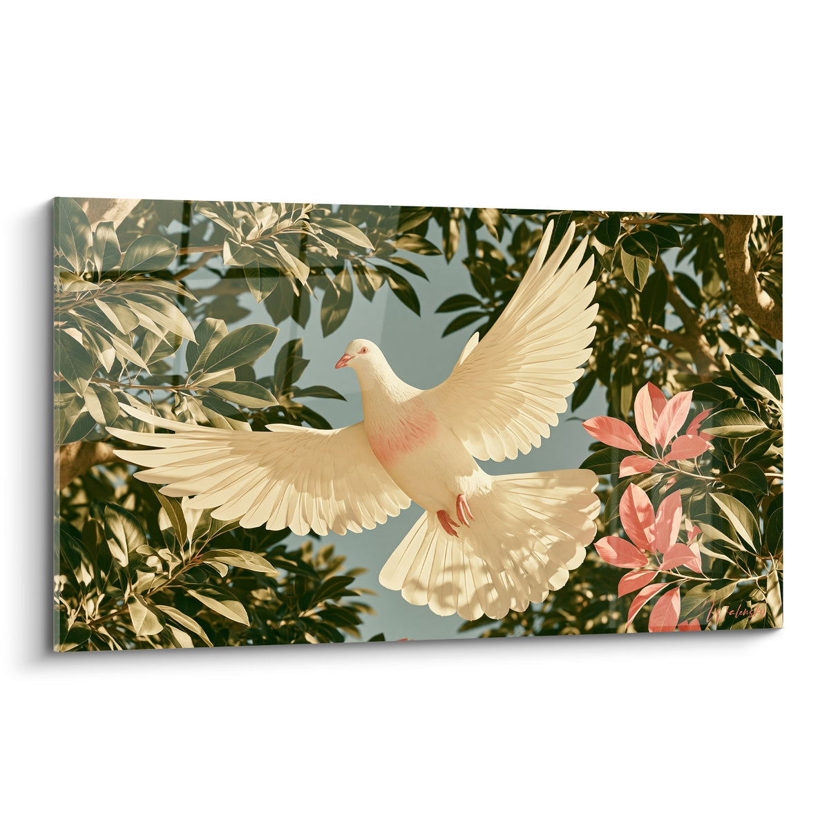 Colombe blanche aux ailes déployées, plumage ivoire et rose, feuillage vert olive dense