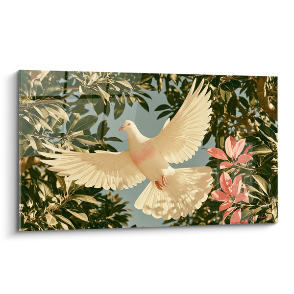 Tableau Colombe blanche aux ailes déployées parmi le feuillage - Envol de paix - Edition Colombe