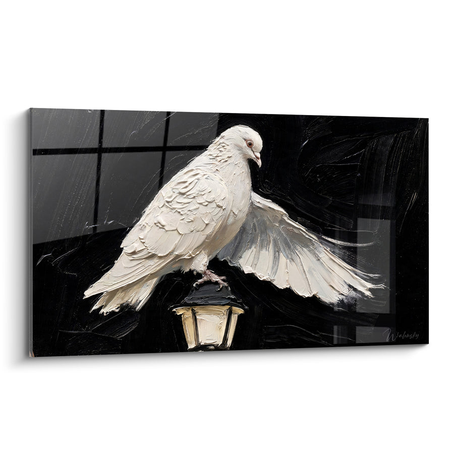 Tableau Colombe blanche perchée sur un lampadaire - Envol nocturne - Edition Colombe