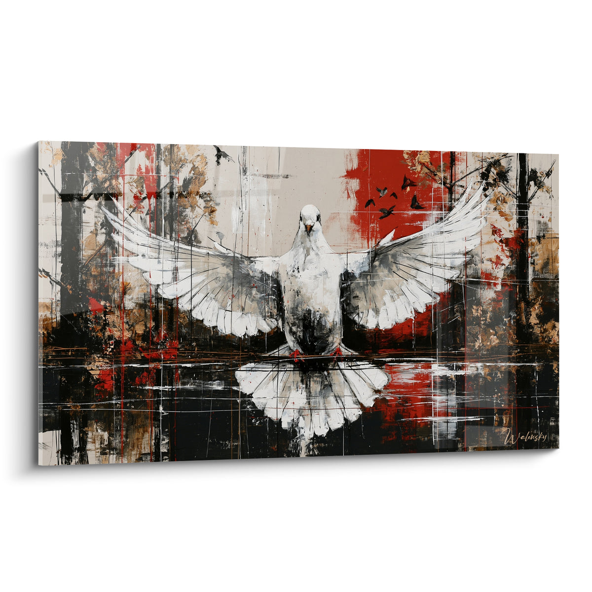 Colombe blanche aux ailes déployées sur fond rouge terracotta et noir anthracite