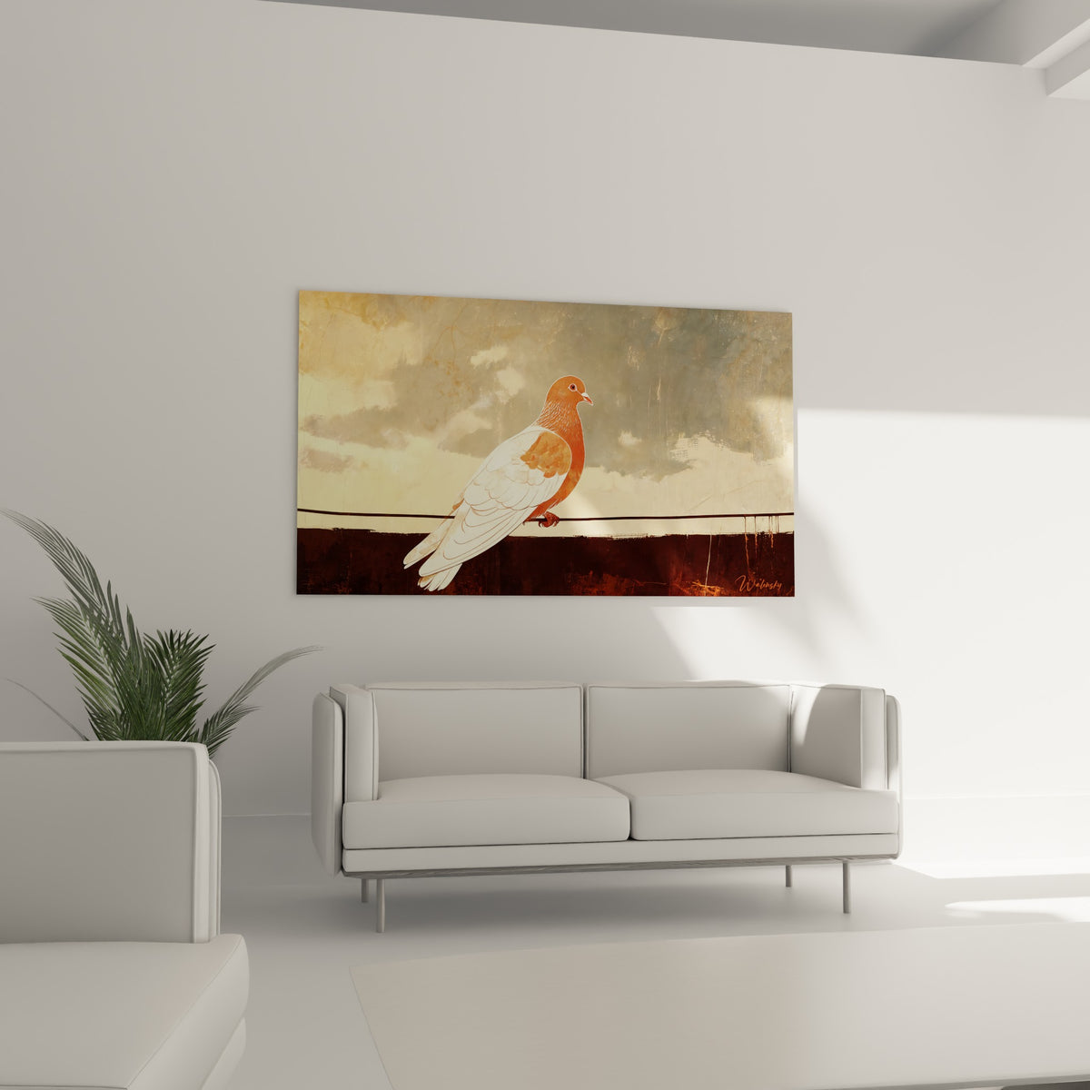 Plumage blanc et roux d'une colombe perchée sur fil, au-dessus d'un canapé dans un salon lumineux