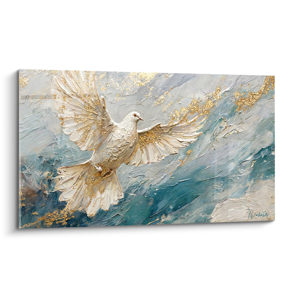 Tableau Colombe blanche aux ailes déployées dorées - Envol de paix - Edition Colombe