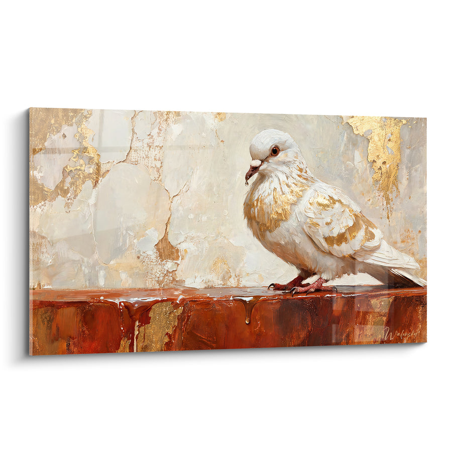 Tableau Colombe blanche et dorée sur rebord ambré - Coulures cuivrées - Edition Colombe
