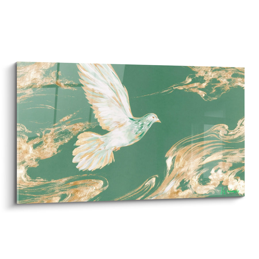 Tableau Colombe blanche aux ailes dorées survolant des volutes - Envol serein - Edition Colombe