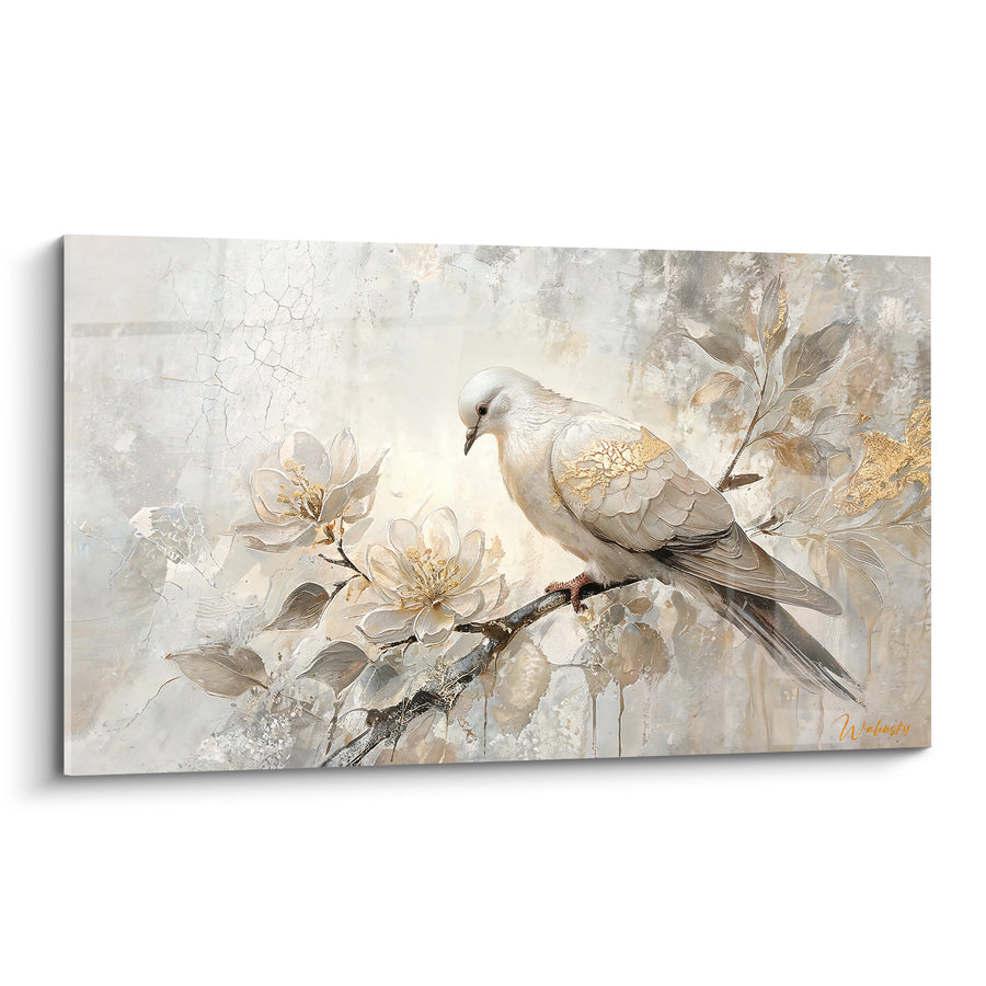 Tableau Colombe blanche et dorée sur branche fleurie - Sérénité printanière - Edition Colombe