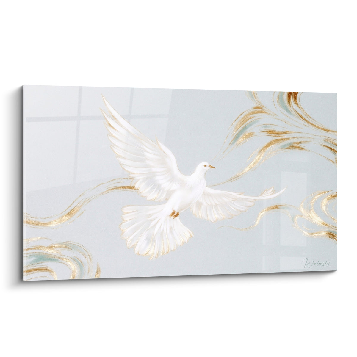 Colombe blanche aux ailes déployées, plumage nacré et volutes dorées sur fond gris perle