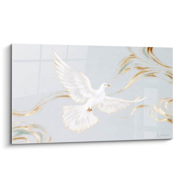 Tableau Colombe blanche et dorée parmi rubans tourbillonnants - Fond gris perle - Edition Colombe