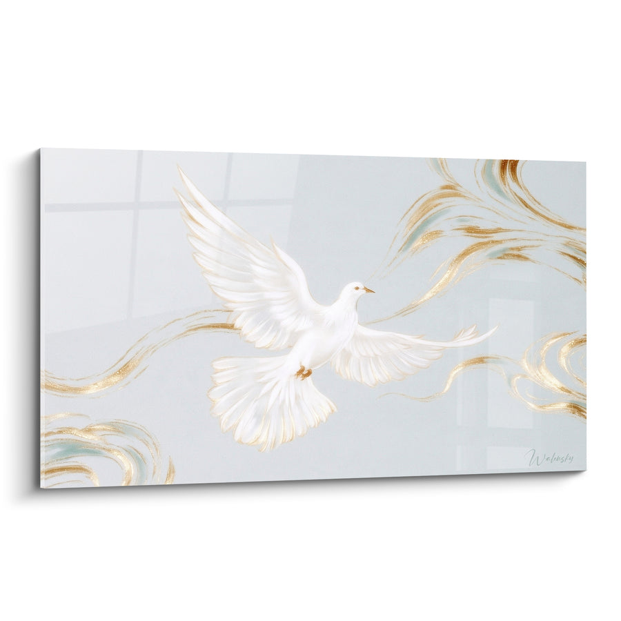 Tableau Colombe blanche et dorée parmi rubans tourbillonnants - Fond gris perle - Edition Colombe
