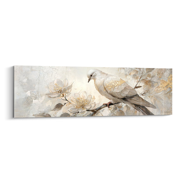 Tableau Colombe perchée aux fleurs blanches et dorées - Instant de sérénité - Edition Colombe