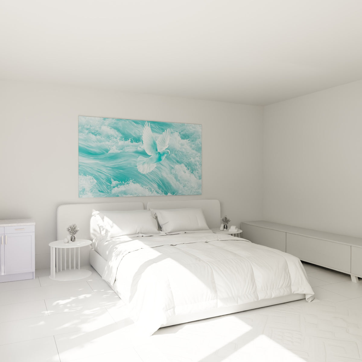 Envol d'une colombe bleu pastel sur fond de vagues, accroché au-dessus d'un lit dans une chambre claire