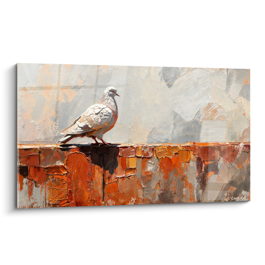 Tableau Colombe blanche perchée sur muret orangé texturé - Empâtements de peinture - Edition Colombe