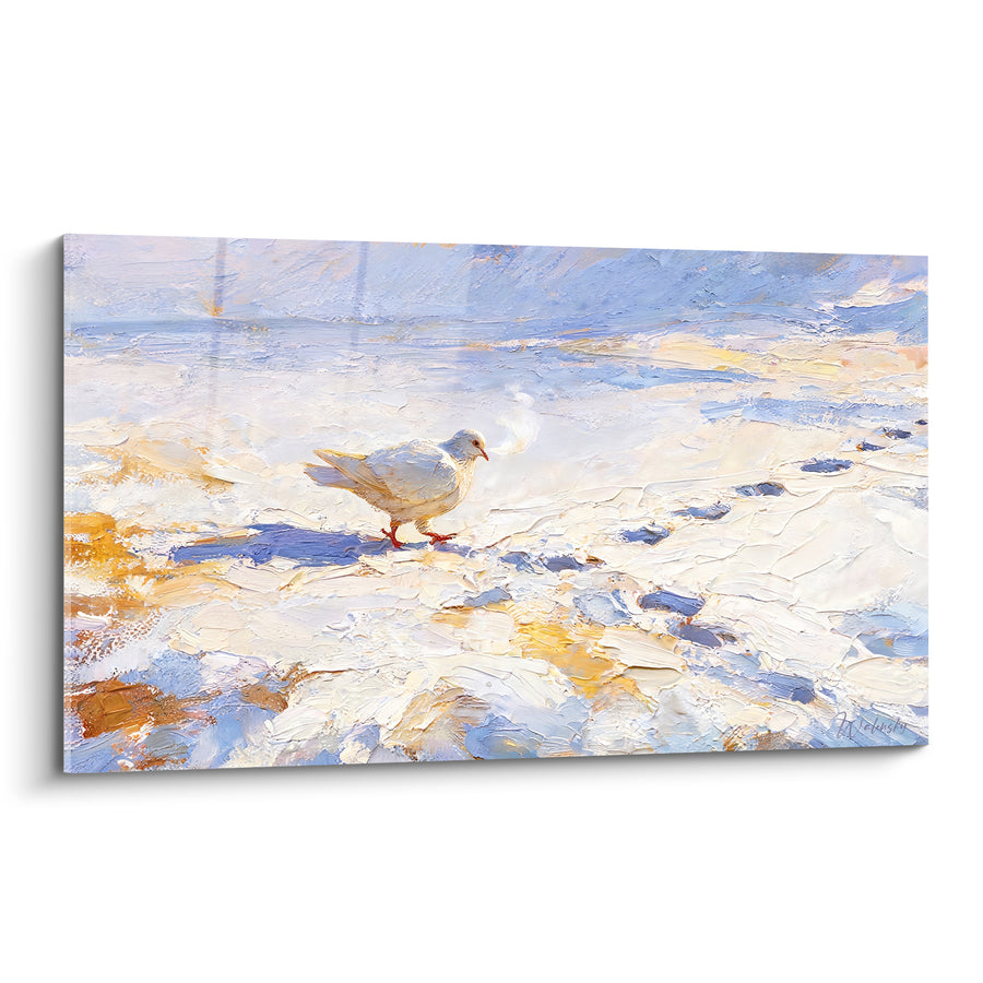 Tableau Colombe blanche marchant sur neige dorée - Marche silencieuse - Edition Colombe