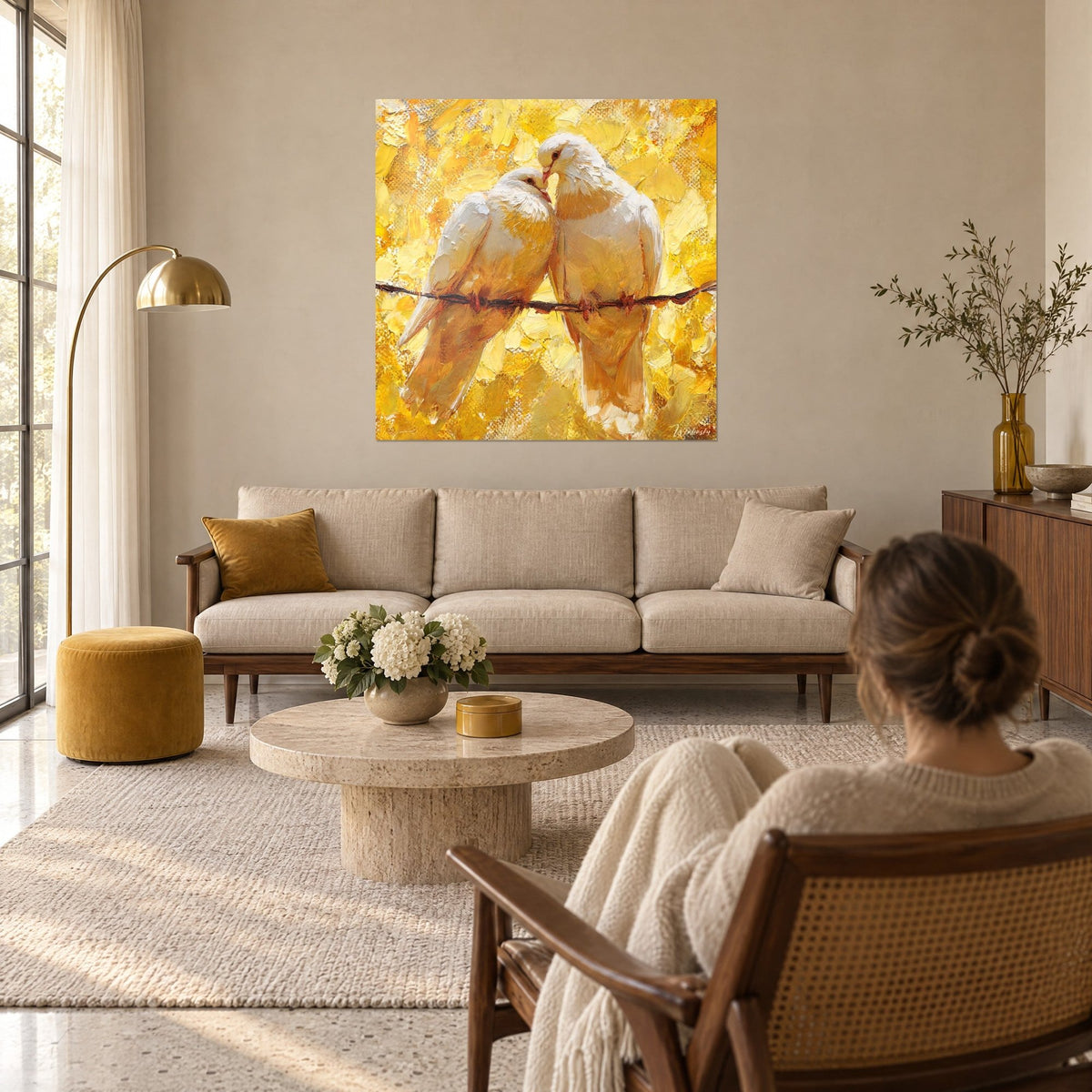 Wall art white doves entwined on a barbed wire, background of thick golden-yellow brushstrokes, above a sofa in a bright living room