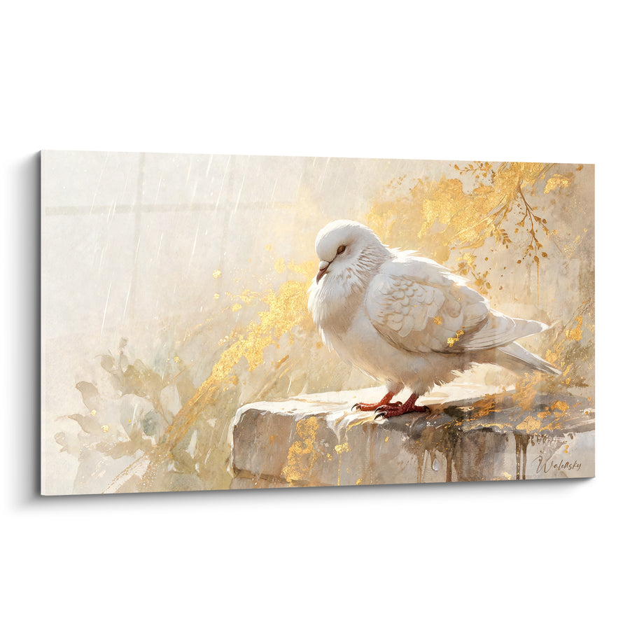 Tableau Colombe blanche perchée sous pluie dorée - Refuge sous la pluie - Edition Colombe