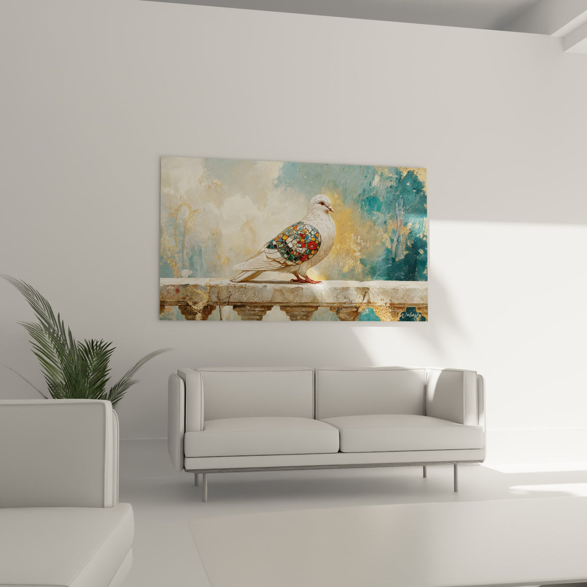 Plumage blanc et fragments dorés de la colombe suspendus au-dessus d'un canapé dans un salon lumineux