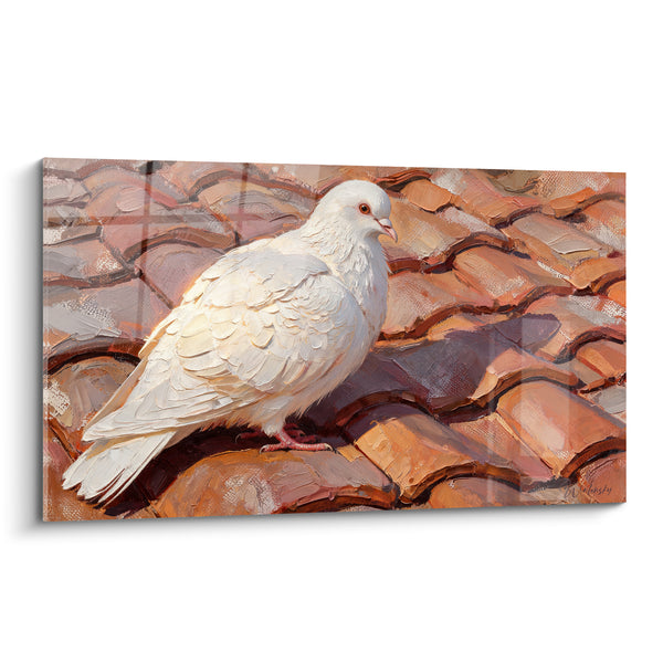 Tableau Colombe blanche sur toit de tuiles terracotta - Halte matinale - Edition Colombe