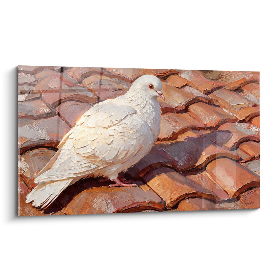 Tableau Colombe blanche sur toit de tuiles terracotta - Halte matinale - Edition Colombe