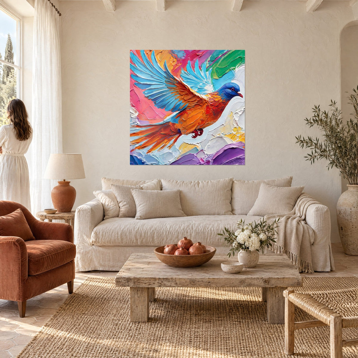 Quadro colomba arancione in pieno volo, ali turchesi e sfondo rosa, donna di spalle, sopra un divano in un soggiorno luminoso