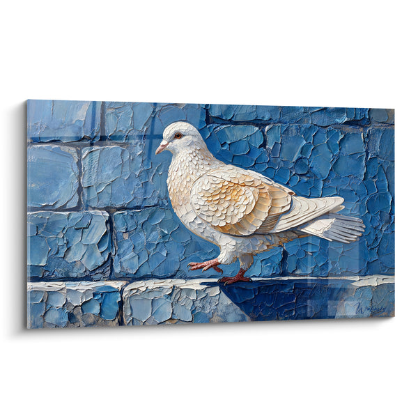 Tableau Colombe blanche et bleue sur pierres craquelées - Halte silencieuse - Edition Colombe