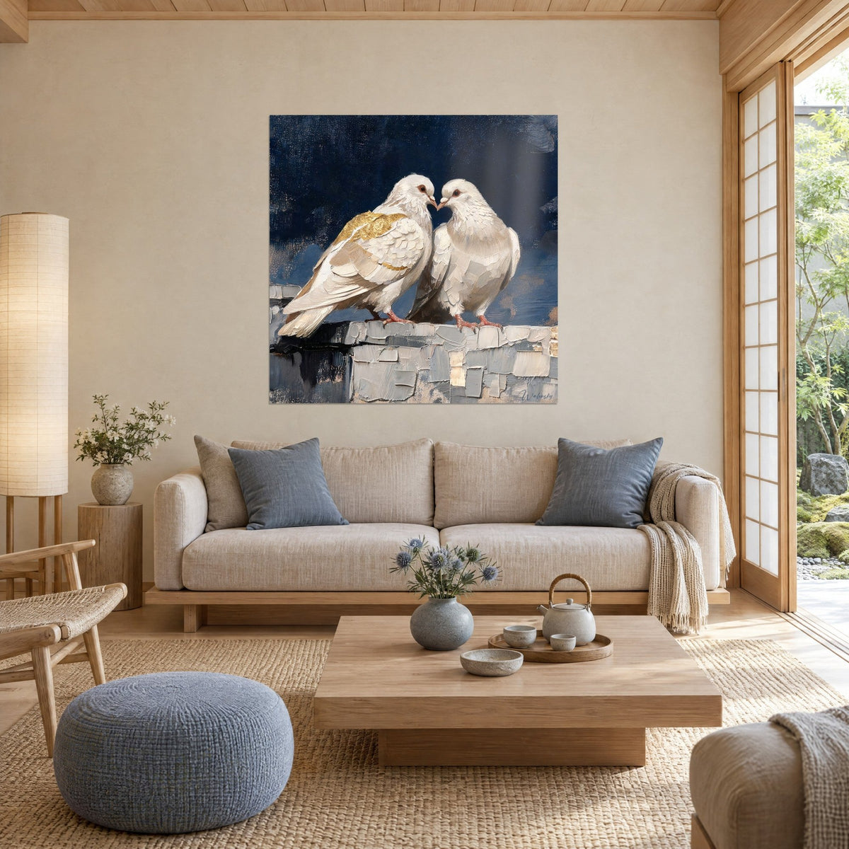 Cuadro palomas blancas de alas doradas, pico con pico sobre un muro gris, fondo azul noche, encima de un sofá en un salón luminoso