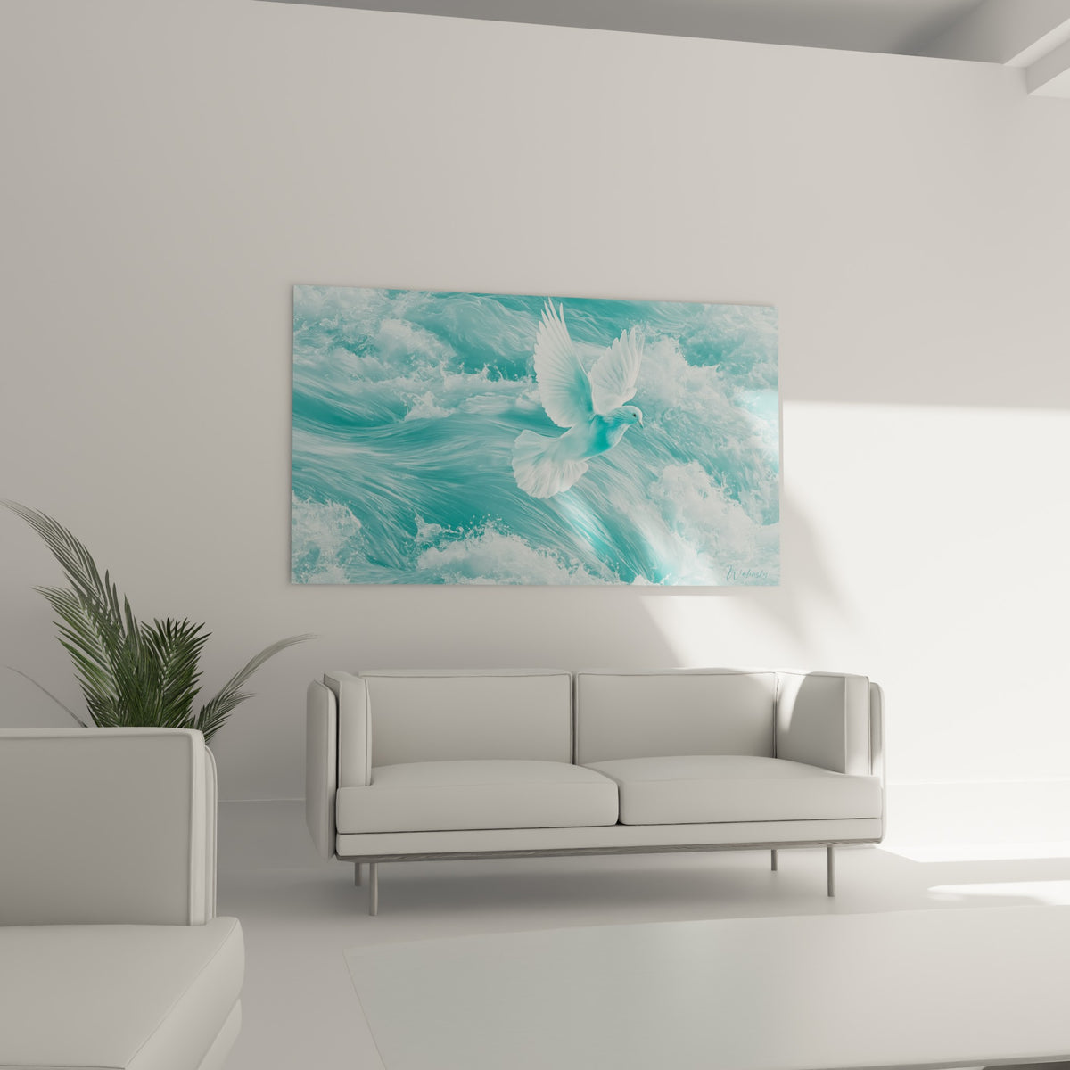 Oiseau blanc traversant une mer turquoise agitée, placé au-dessus d'un canapé dans un salon lumineux