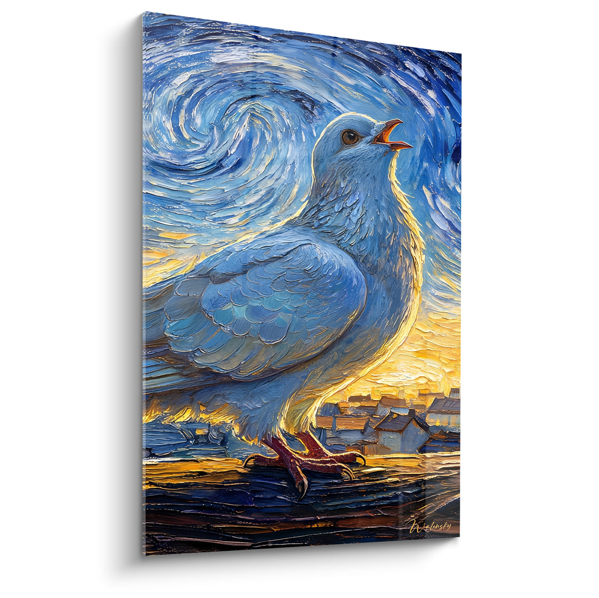 Colombe blanche et bleue au bec ouvert devant un ciel tourbillonnant doré et bleu marine